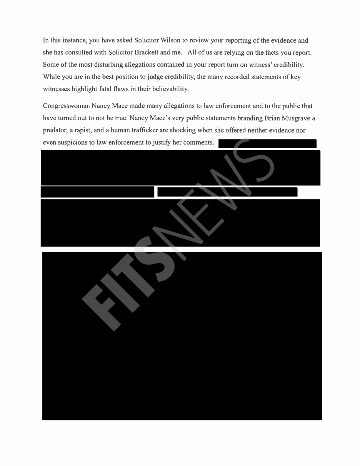 Page 2 of the letter, partly redacted as published: the sentence that Congresswoman Nancy Mace made many allegations that have turned out to not be true, and the sentence about her statements branding Brian Musgrave