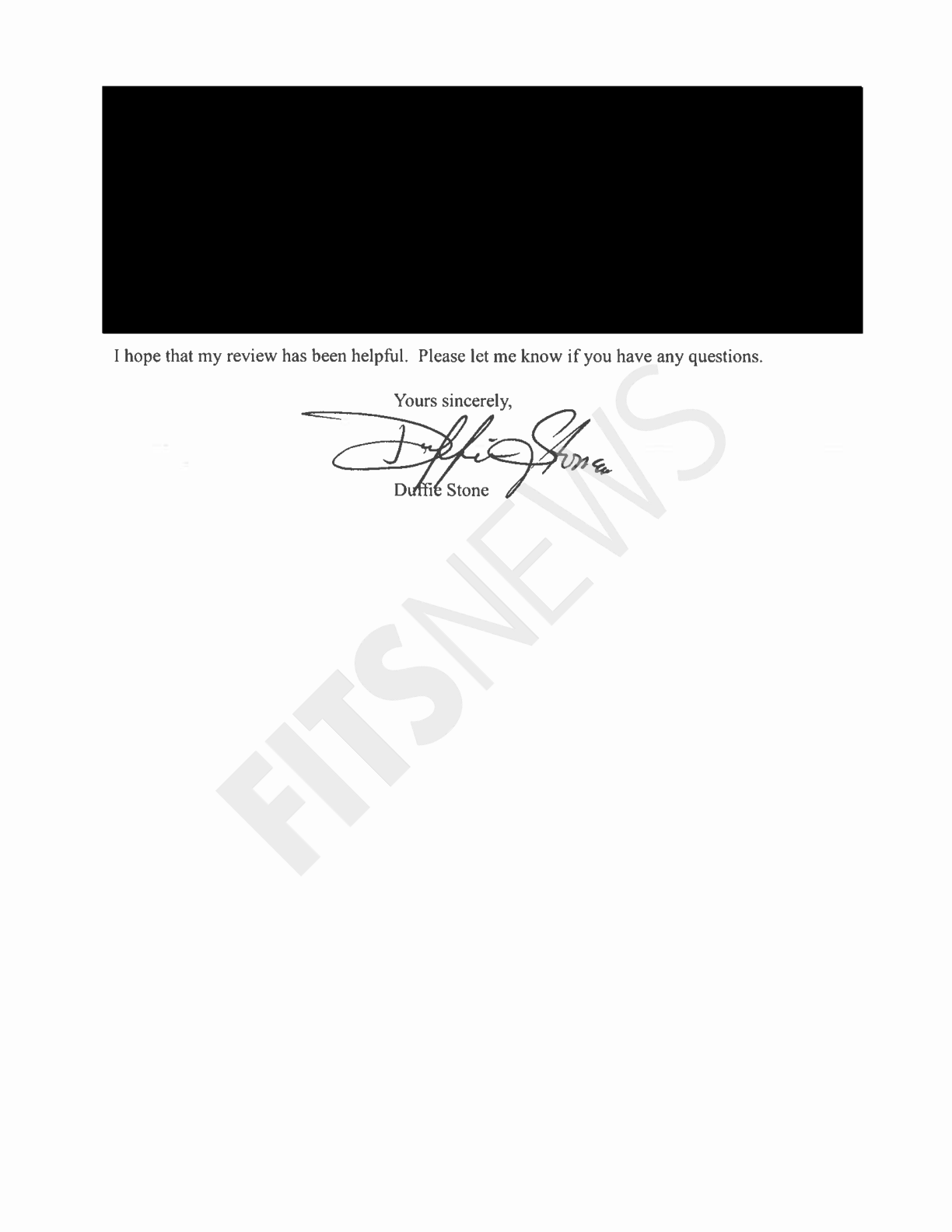 Page 3 of the letter: a redacted block, the closing line and Stone's signature