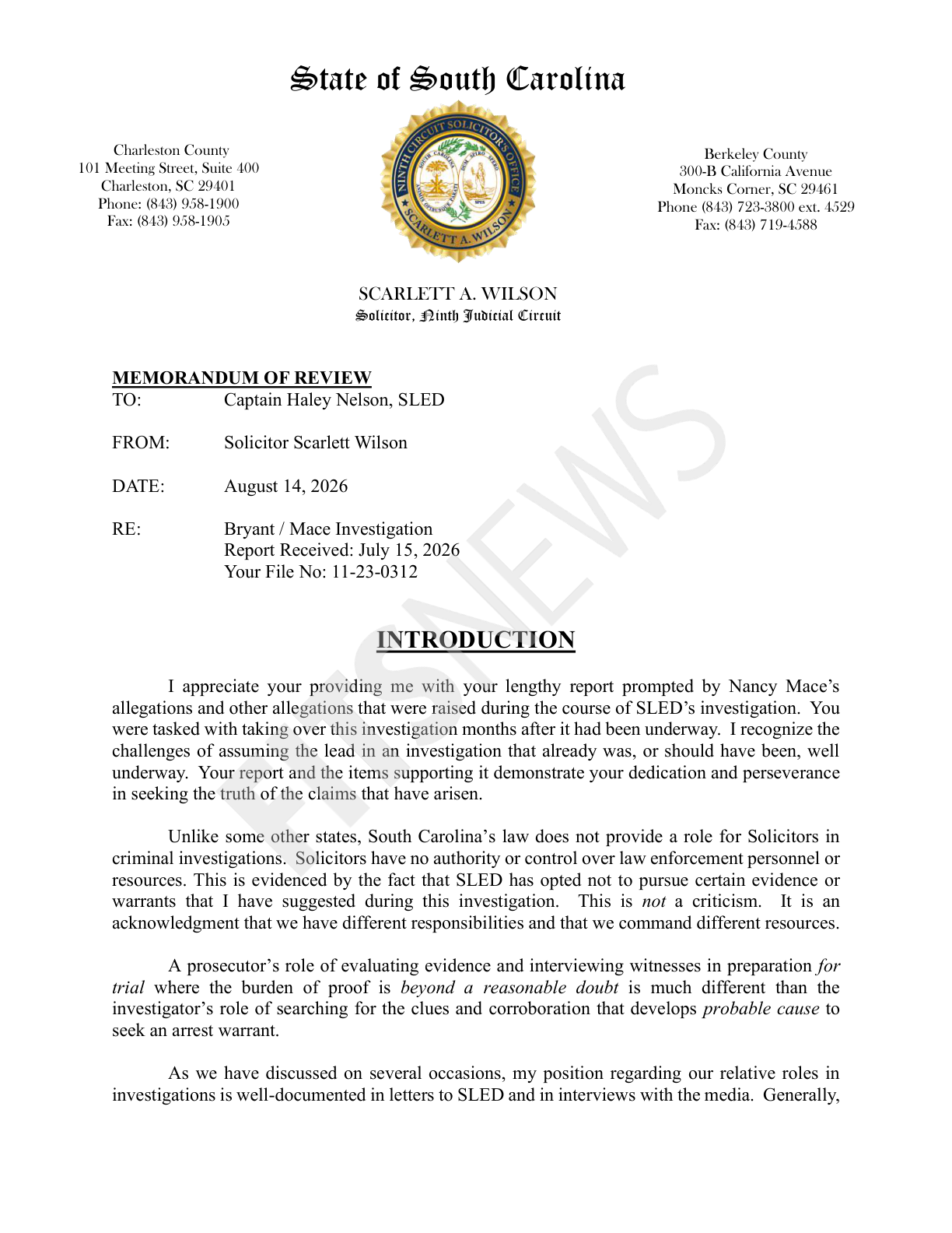 Page 1 of Solicitor Scarlett Wilson's August 14, 2026 Memorandum of Review to SLED Captain Haley Nelson, with the letterhead, the To, From and Date block, and the Introduction, as published by FITSNews
