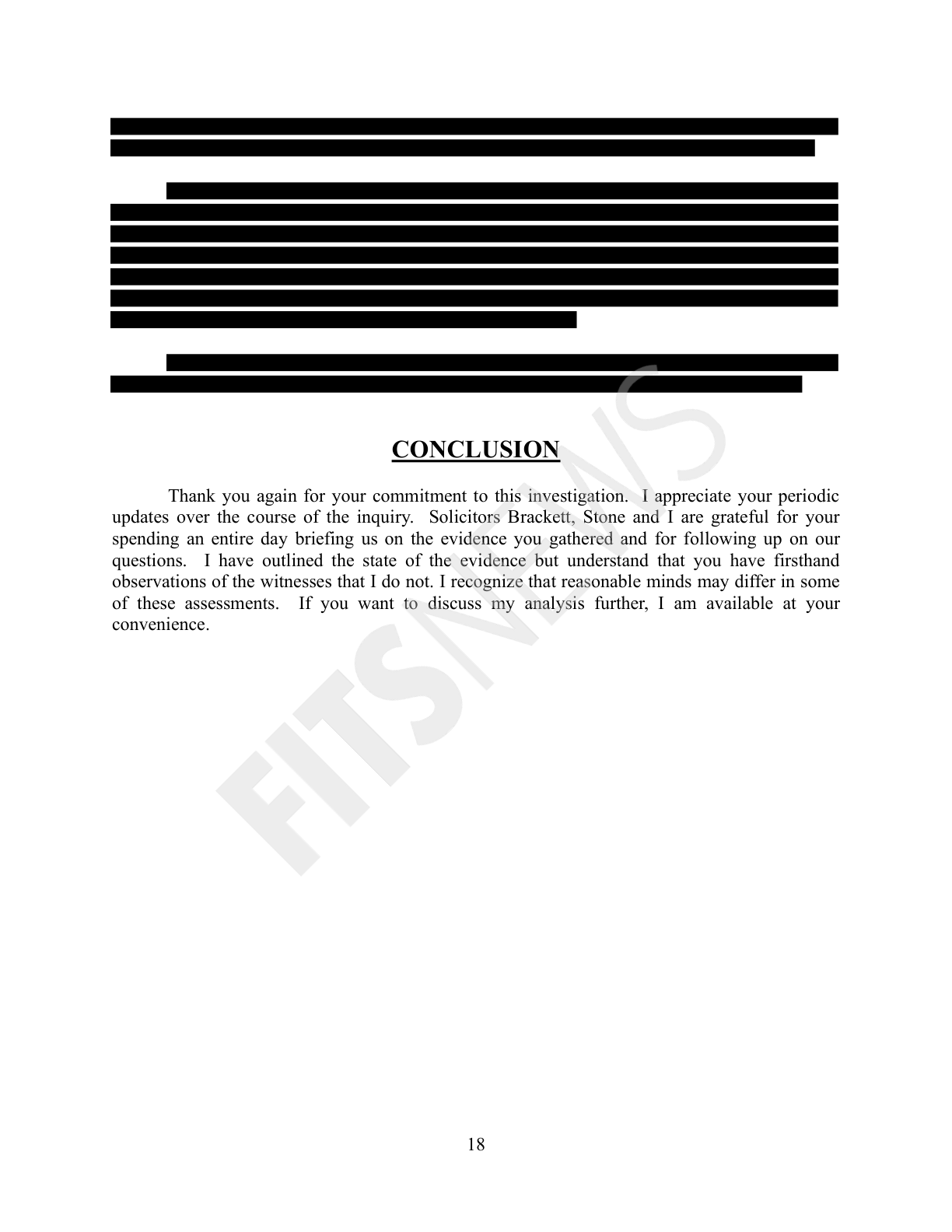 Page 18 of the memo, the Conclusion, in which Wilson writes that Solicitors Brackett, Stone and Wilson were briefed together by SLED