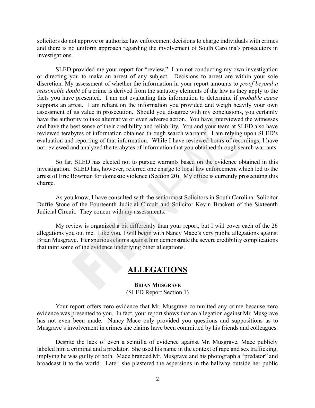 Page 2 of the memo, where the Musgrave section begins with the sentence 'Your report offers zero evidence that Mr. Musgrave committed any crime because zero evidence was presented to you'