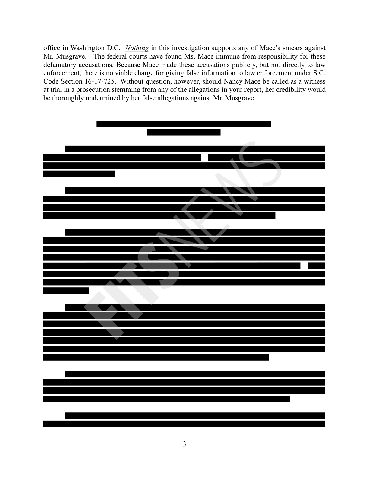 Page 3 of the memo, with the paragraph ending 'her credibility would be thoroughly undermined by her false allegations against Mr. Musgrave'; the rest of the page is redacted as published