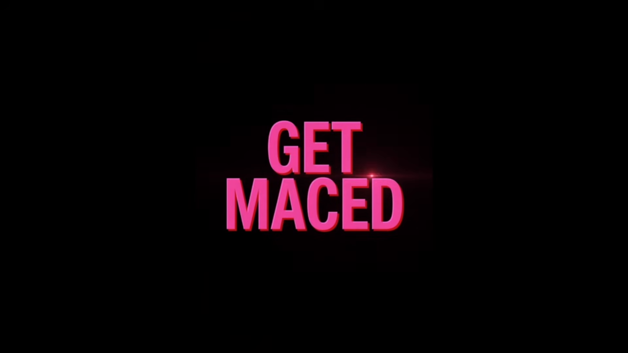 The glossy pink GET MACED logo bumper that opens the video