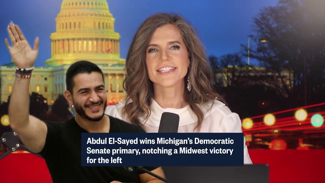 Still: Mace at the microphone with a cut-in news chyron announcing El-Sayed's win