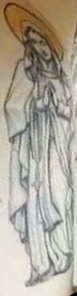 Close-up of a robed saint or Virgin Mary tattoo on Nancy Mace's left arm, hands clasped in prayer beneath a large gold halo.