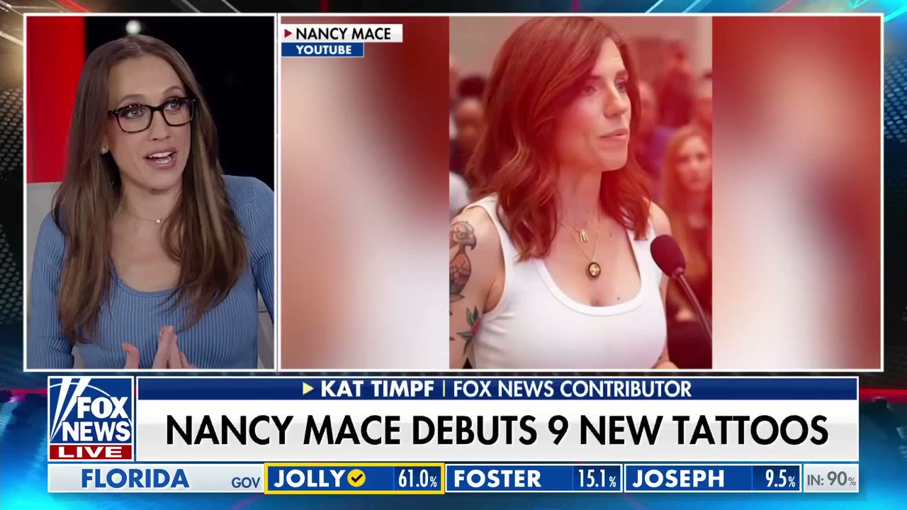 Kat Timpf on the Fox News set beside a photo of Nancy Mace's tattooed arm.