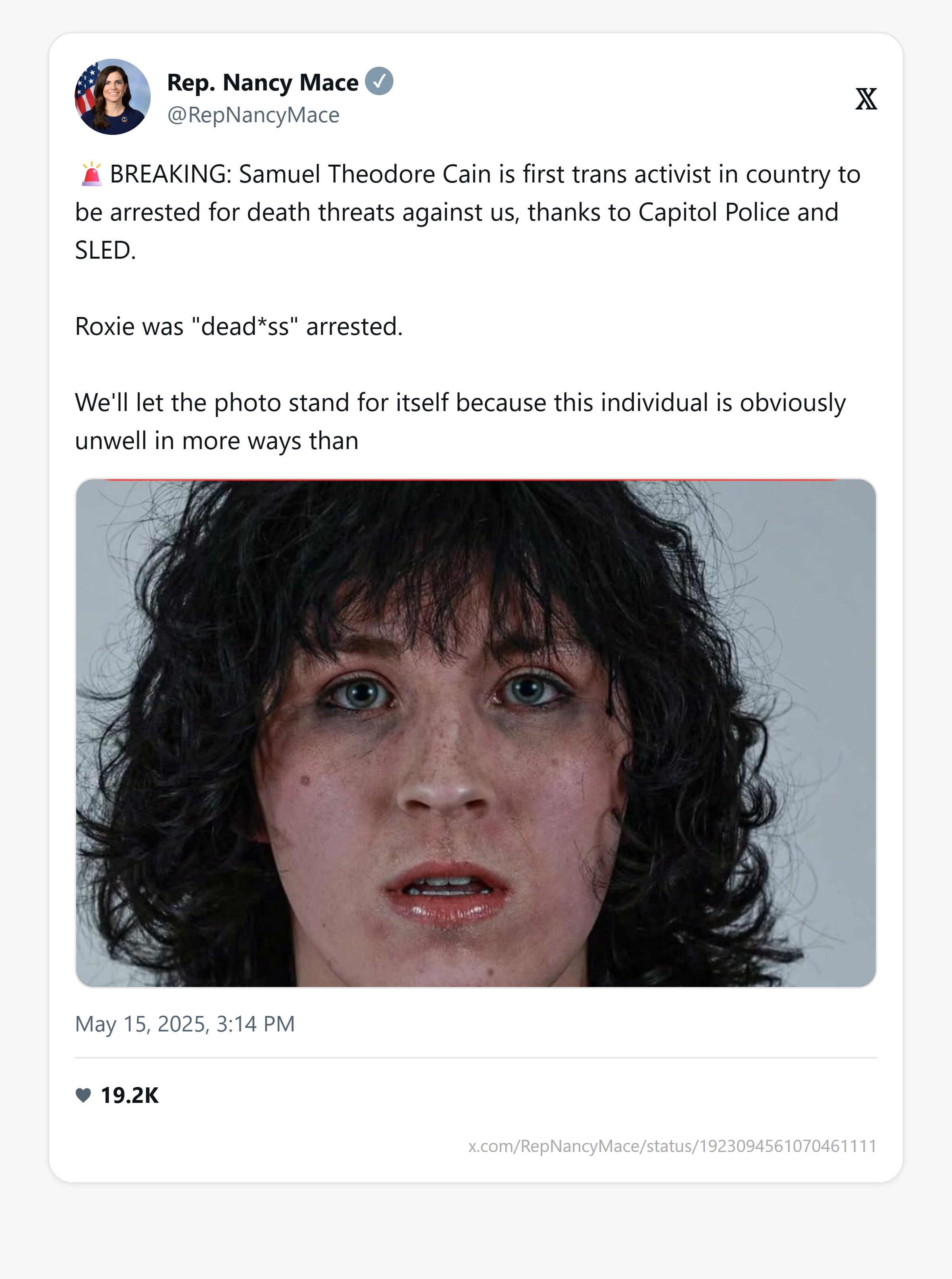 Mace announces the arrest on X