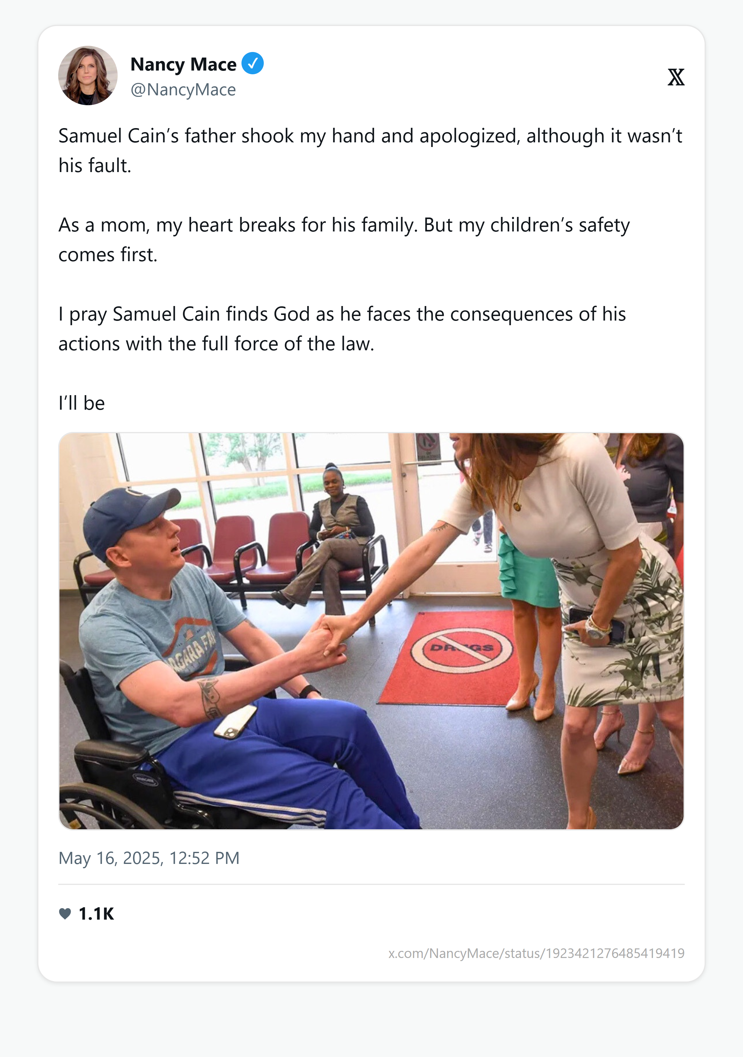 Mace on shaking Cain's father's hand
