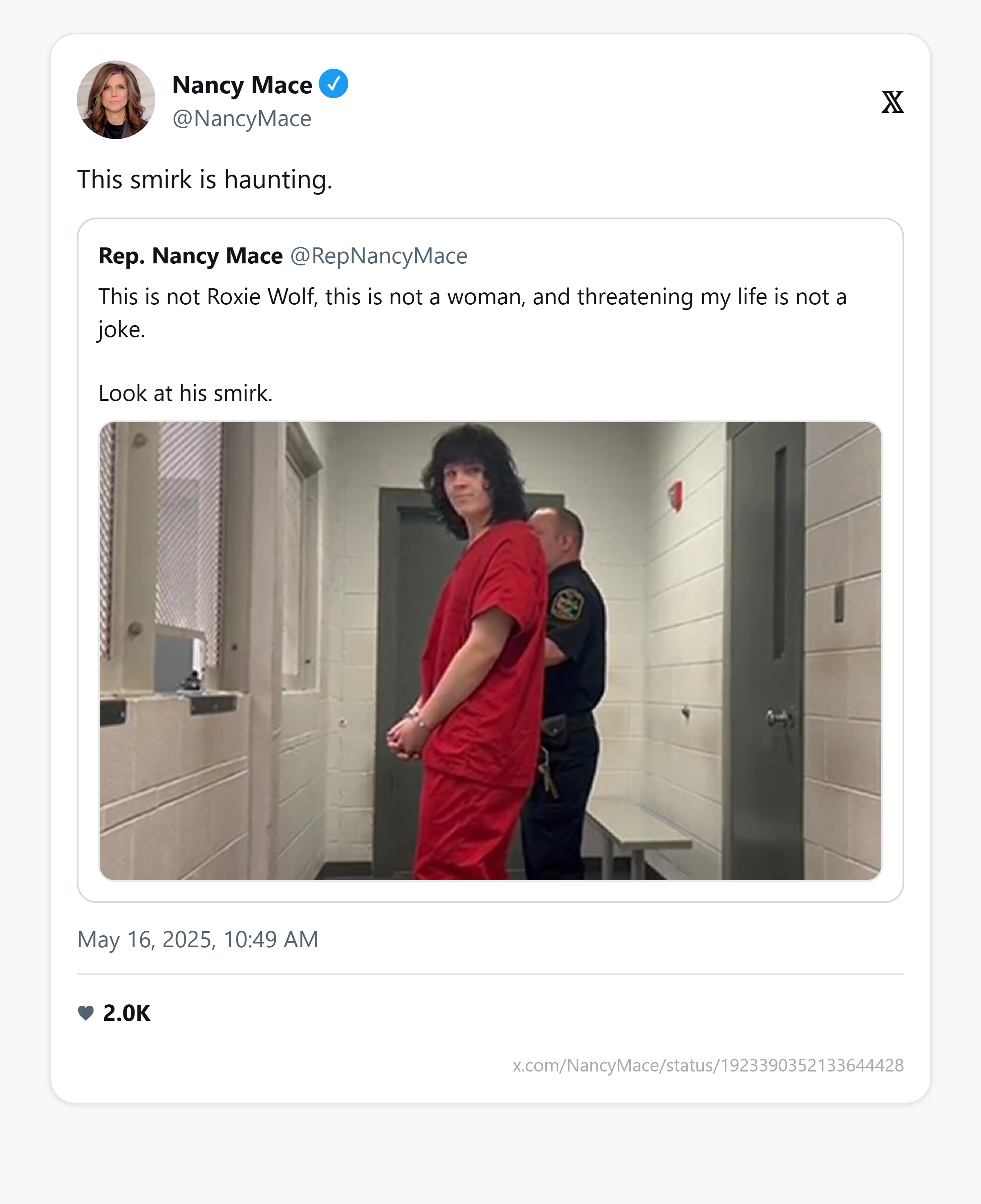 Mace quote-tweets the jail photo