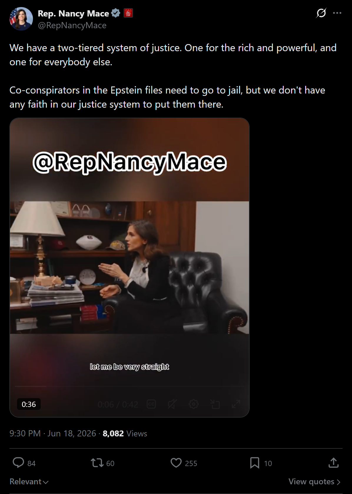 Nancy Mace X post (Jun 18, 2026): 'We have a two-tiered system of justice,' over a clip of Tommy G's Epstein documentary