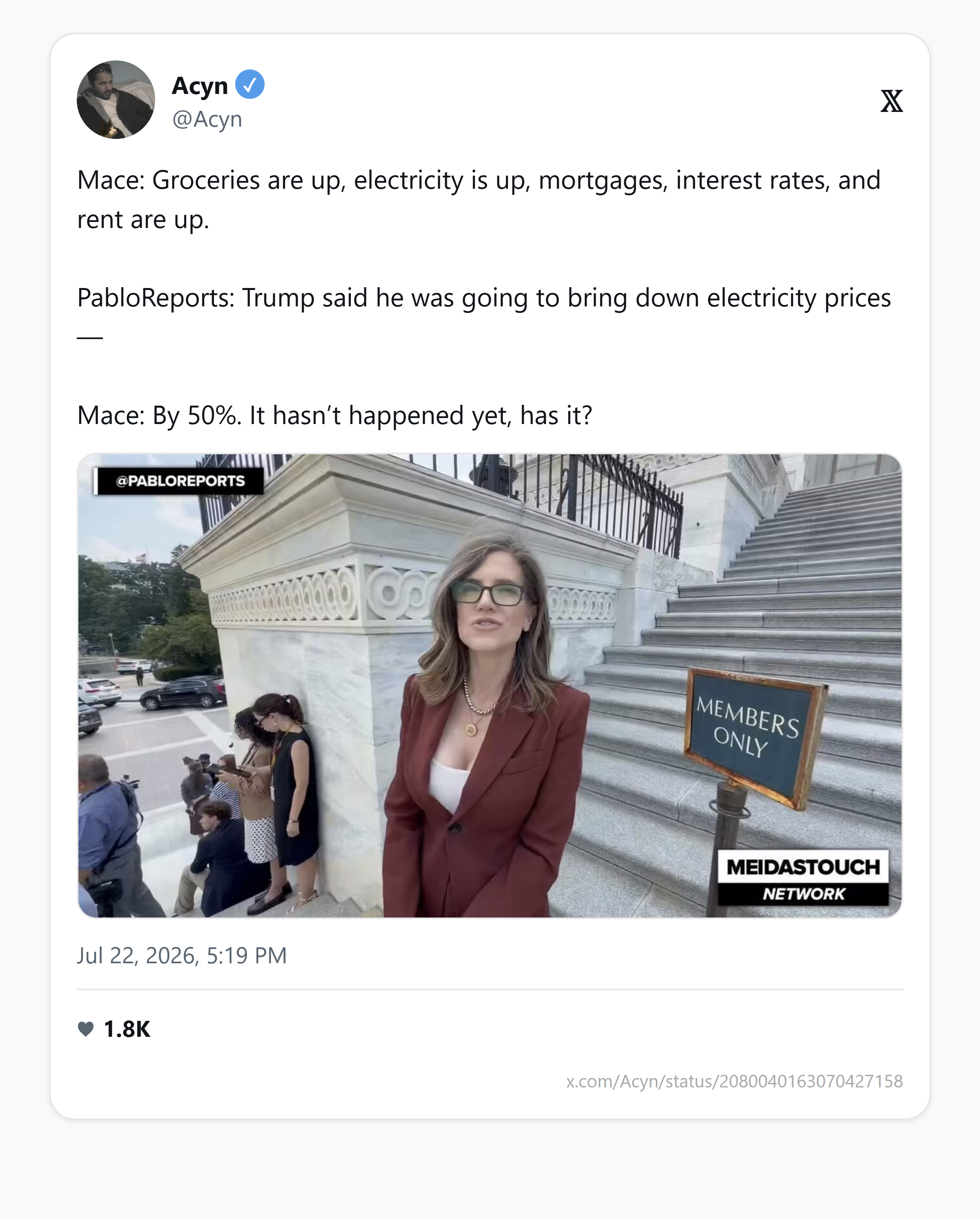 Screengrab of the @Acyn X post embedding the MeidasTouch clip of Nancy Mace outside the Capitol, with the caption transcribing her 'By 50%. It hasn't happened yet, has it?' remark