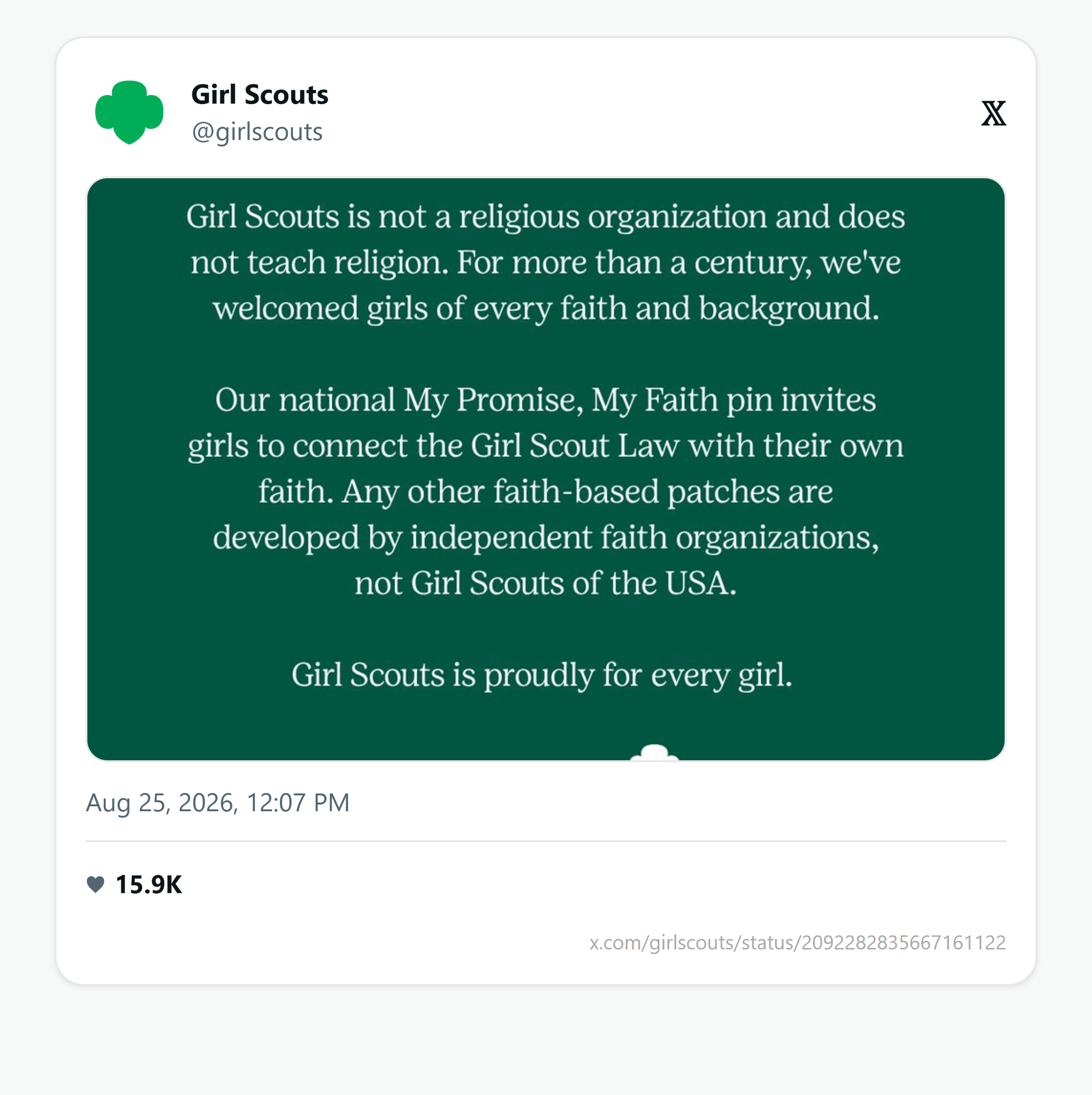 The Girl Scouts of the USA rebuttal, August 25, 2026: "Girl Scouts is not a religious organization and does not teach religion."