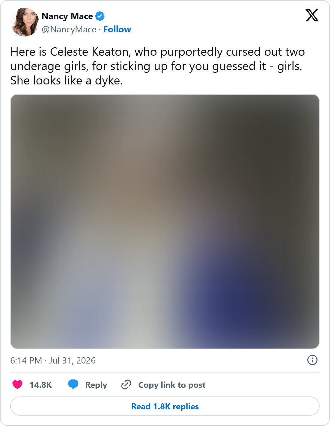 Mace targets Celeste Keaton with anti-LGBTQ slur on X