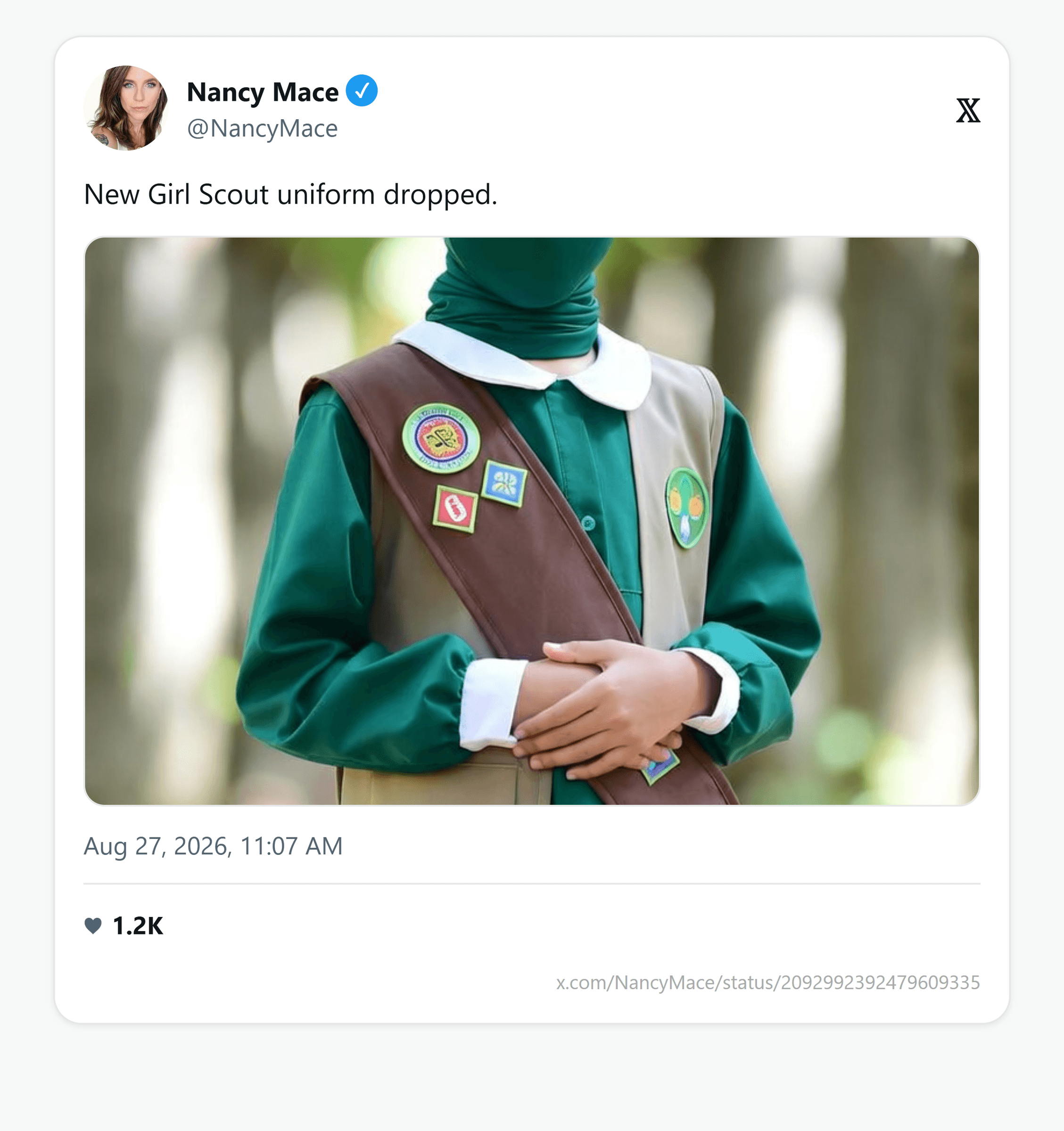 Nancy Mace's August 27, 2026 post: a veiled Girl Scout, captioned "New Girl Scout uniform dropped."