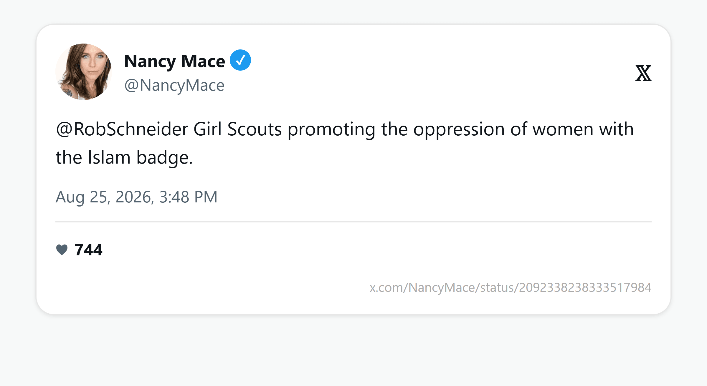 Nancy Mace's August 25, 2026 reply to Rob Schneider: "Girl Scouts promoting the oppression of women with the Islam badge."