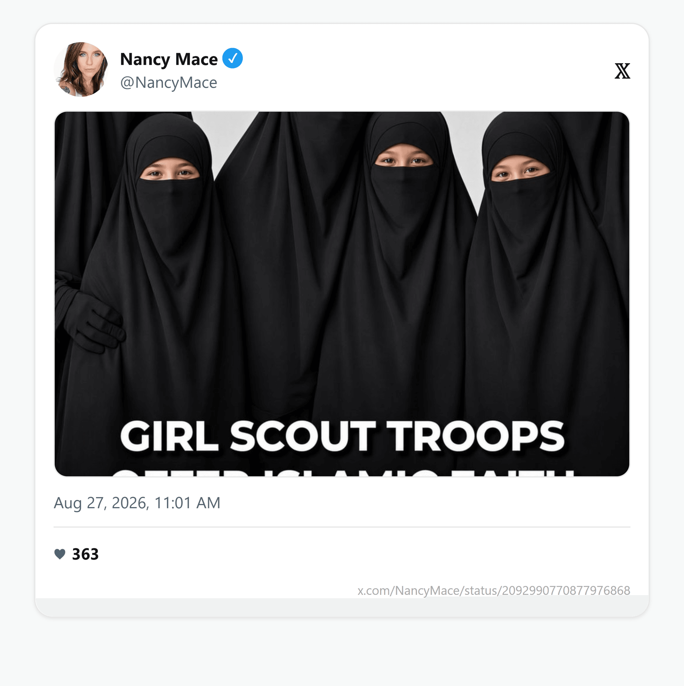 Nancy Mace's August 27, 2026 image-only repost of the niqab meme, captioned "GIRL SCOUT TROOPS OFFER ISLAMIC FAITH PATCHES FOR LEARNING ABOUT ISLAM."