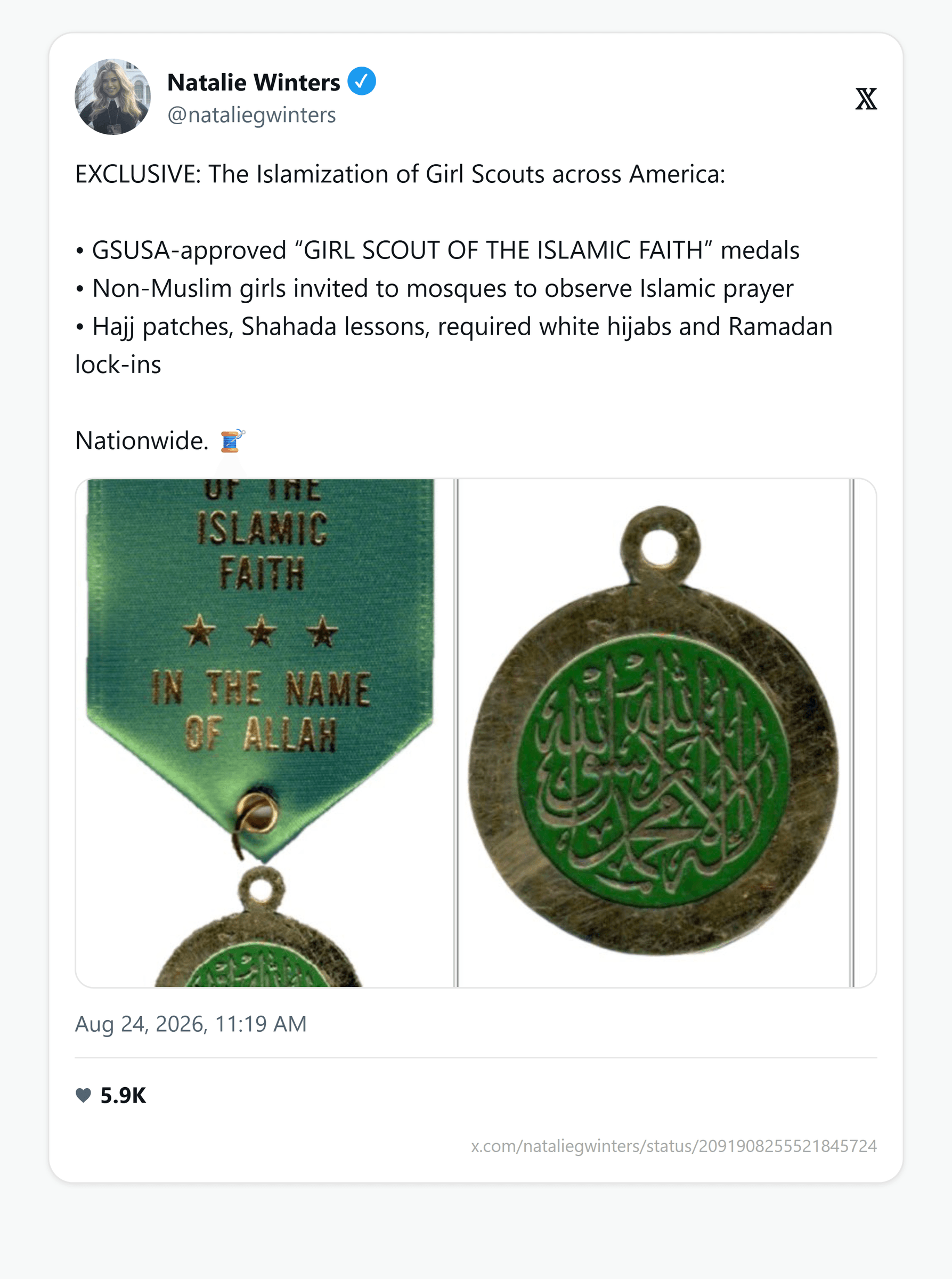 Natalie Winters' August 24, 2026 post claiming an "Islamization of Girl Scouts across America," with photos of an "Islamic faith" medal.