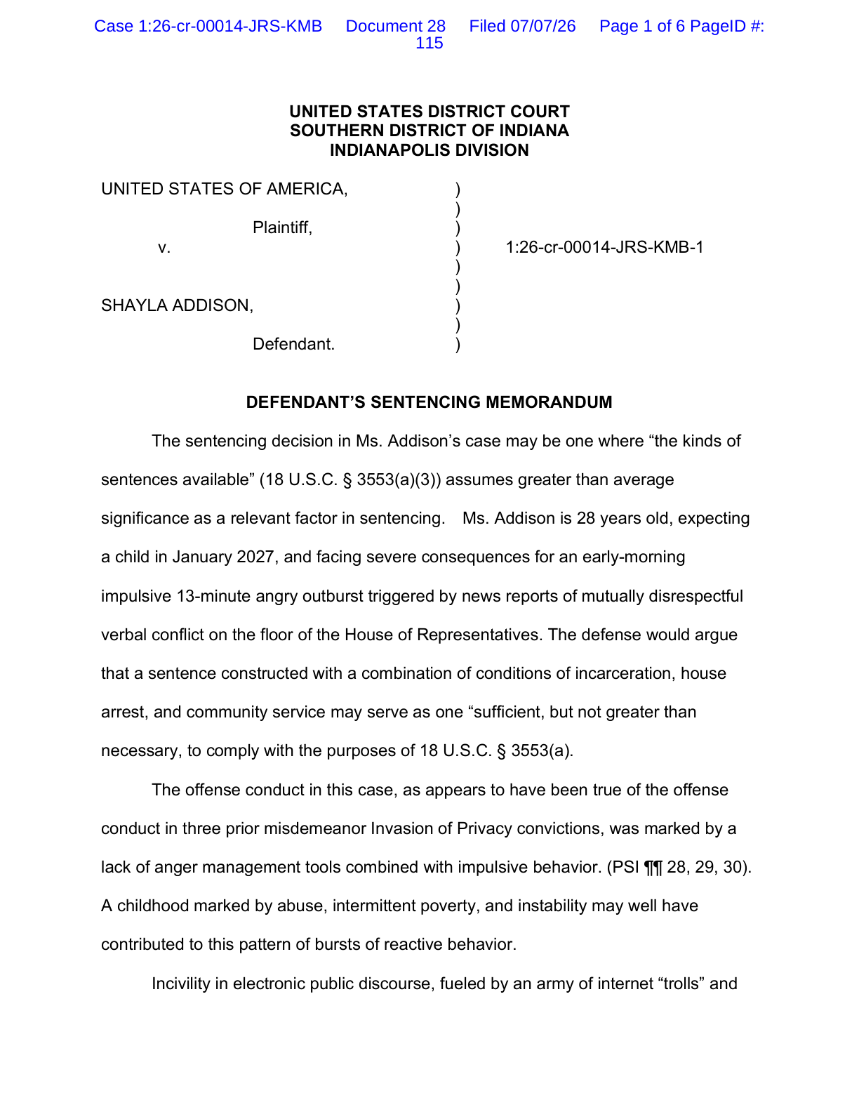 Page 1 of the defense sentencing memorandum