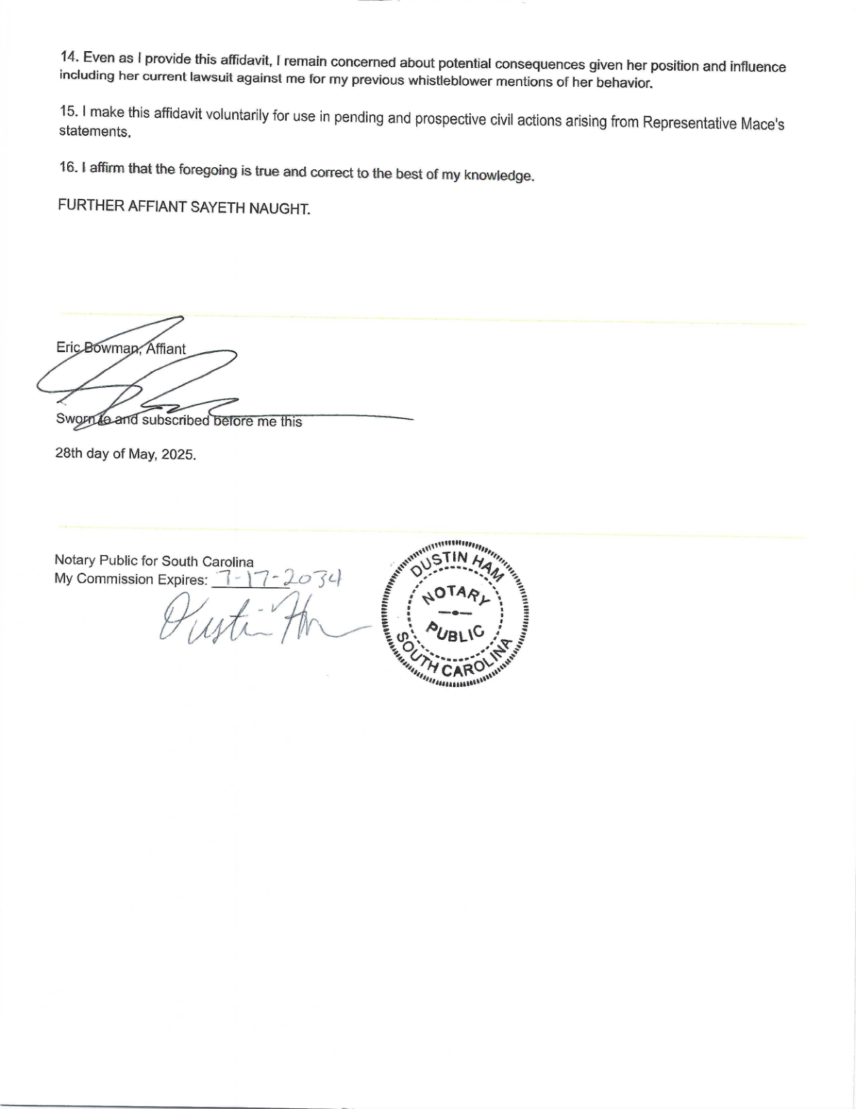 Page 2: Bowman’s attestation that he swears voluntarily, his signature, and the South Carolina notary block.