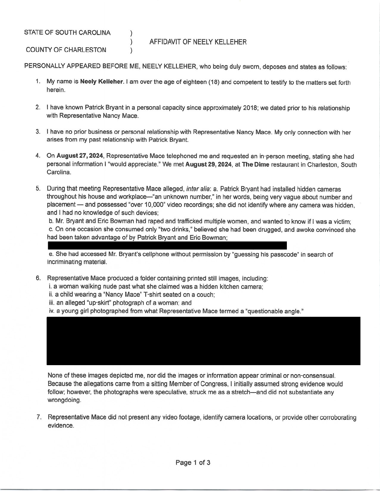 Affidavit of Neely Kelleher, page 1: she swears Mace said she accessed Bryant’s phone by “guessing his passcode.”
