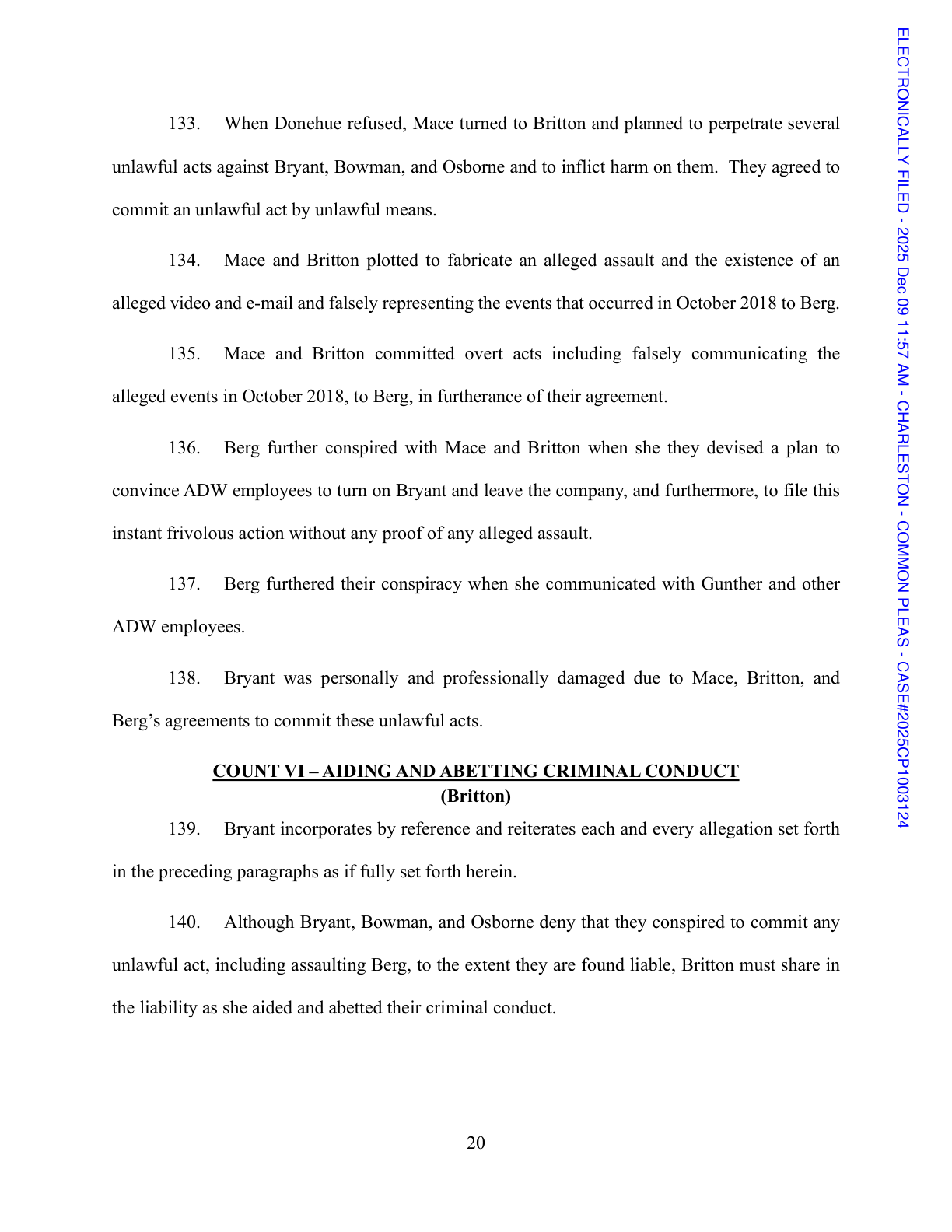 Third-Party Complaint page 20, Bryant’s alleged overt acts and Count VI