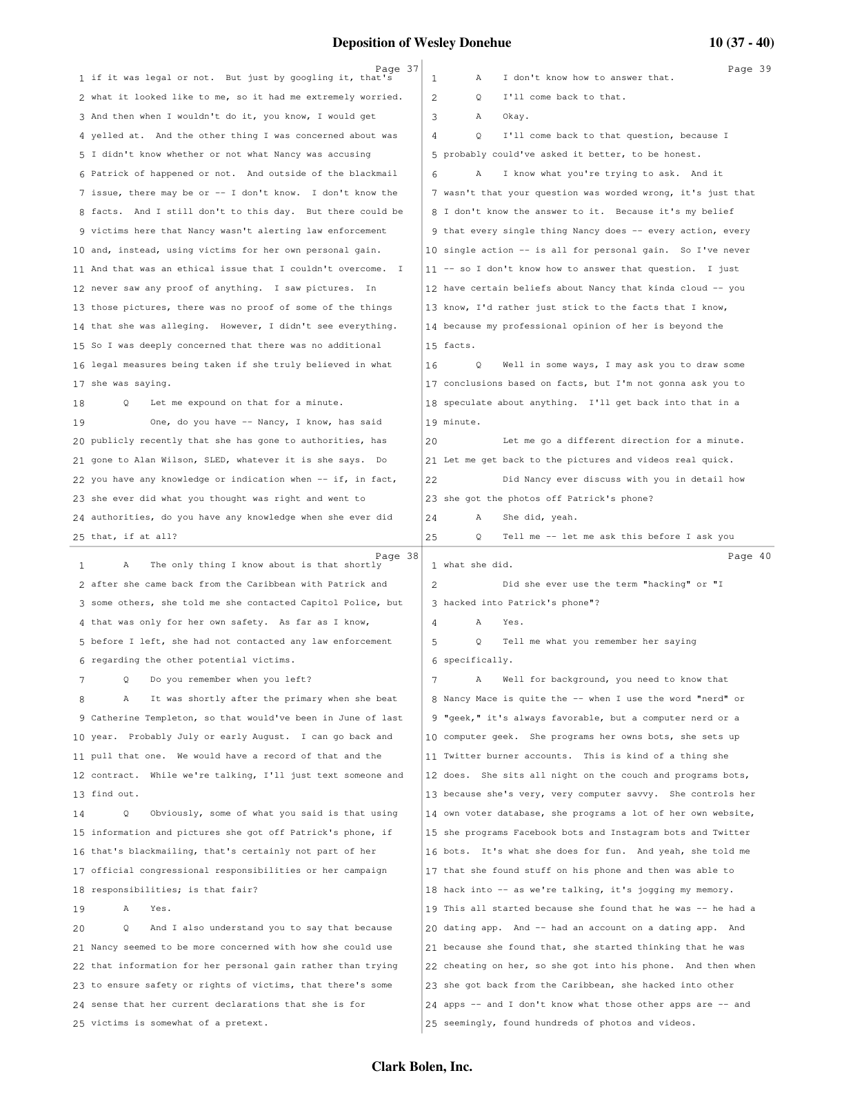 Deposition transcript, page 40: Donehue confirms Mace used the term “hack” and describes her getting into Bryant’s phone and other apps. (Condensed transcript sheet; click to enlarge.)