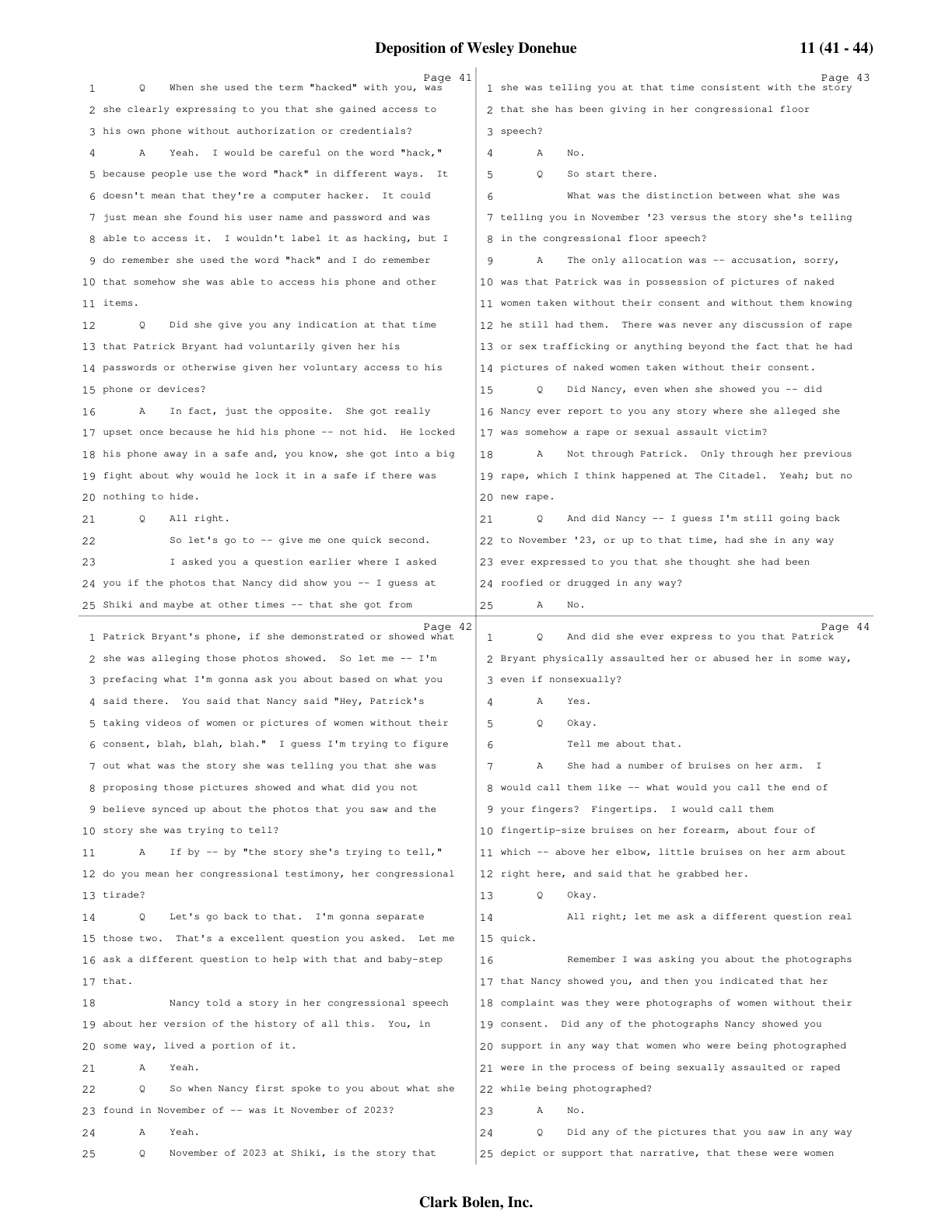Page 41: asked whether Bryant gave her voluntary access, Donehue answers “just the opposite,” and recounts that Bryant “locked his phone away in a safe.” (Click to enlarge.)
