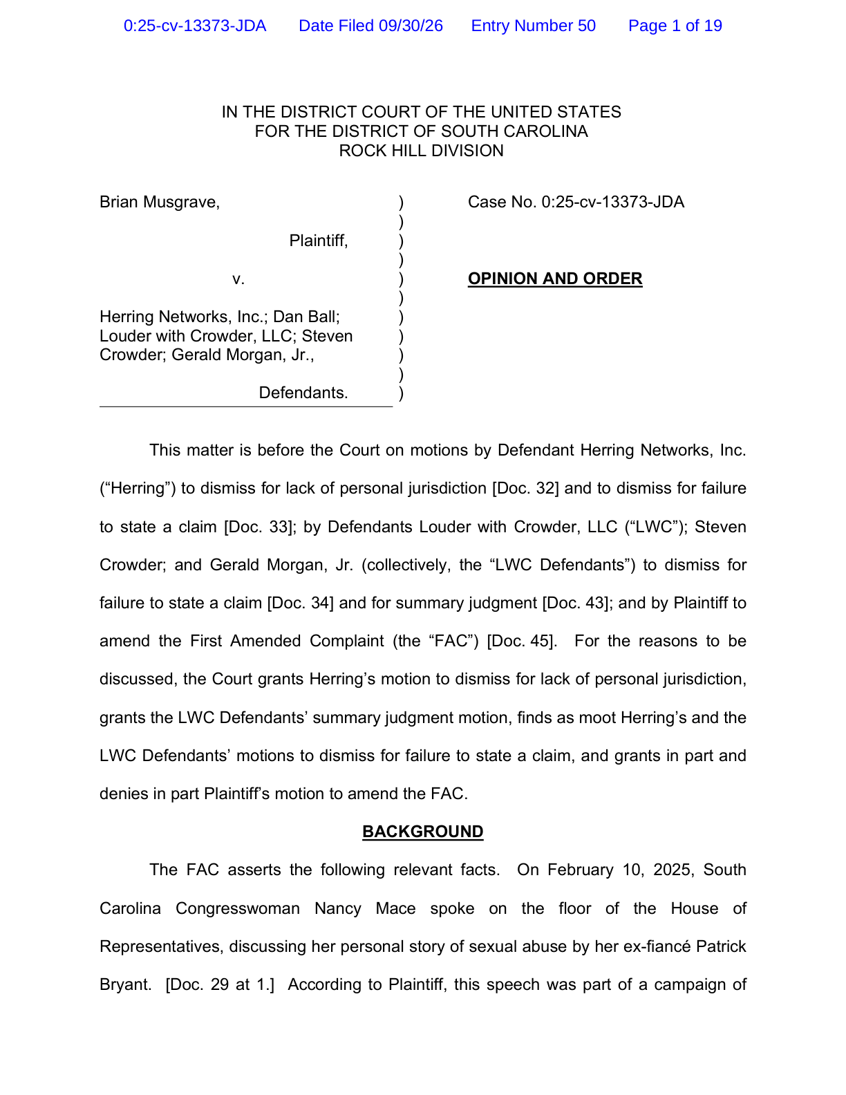 Page 1 of Judge Jacquelyn D. Austin's September 30, 2026 Opinion and Order in Musgrave v. Herring Networks, Case No. 0:25-cv-13373-JDA, listing the motions before the court