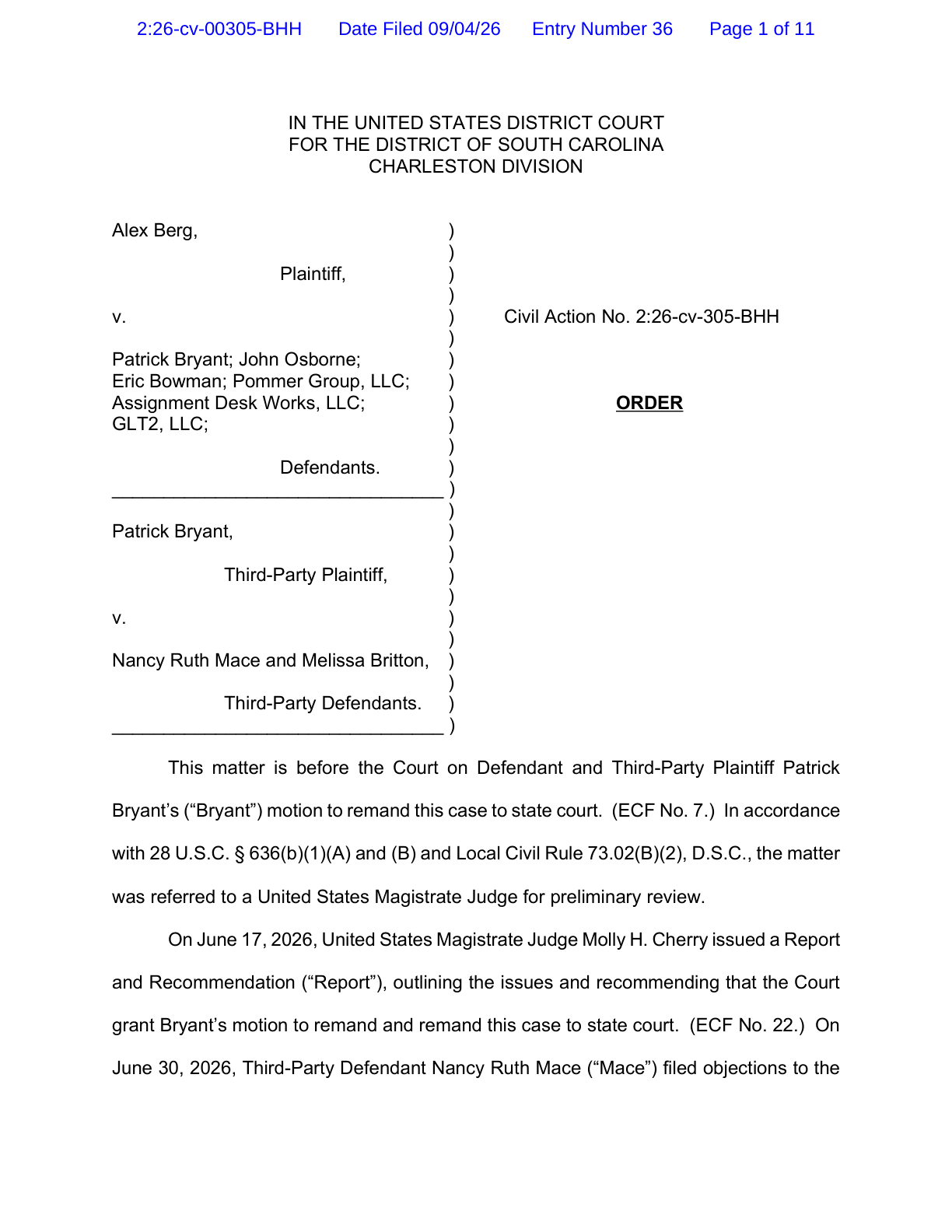 Page 1 of the September 4, 2026 Order in Berg v. Bryant, Civil Action No. 2:26-cv-305-BHH, captioned ORDER, granting the motion to remand