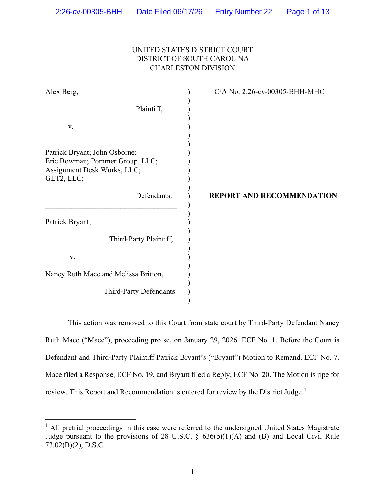 Page 1 of the June 17, 2026 Report and Recommendation in Berg v. Bryant (federal No. 2:26-cv-00305-BHH-MHC), recommending the removed case be remanded to state court