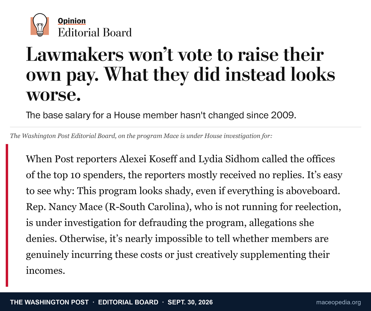 The Washington Post Editorial Board, September 30, 2026, names Rep. Nancy Mace while arguing the House should scrap its receipt-free reimbursement program