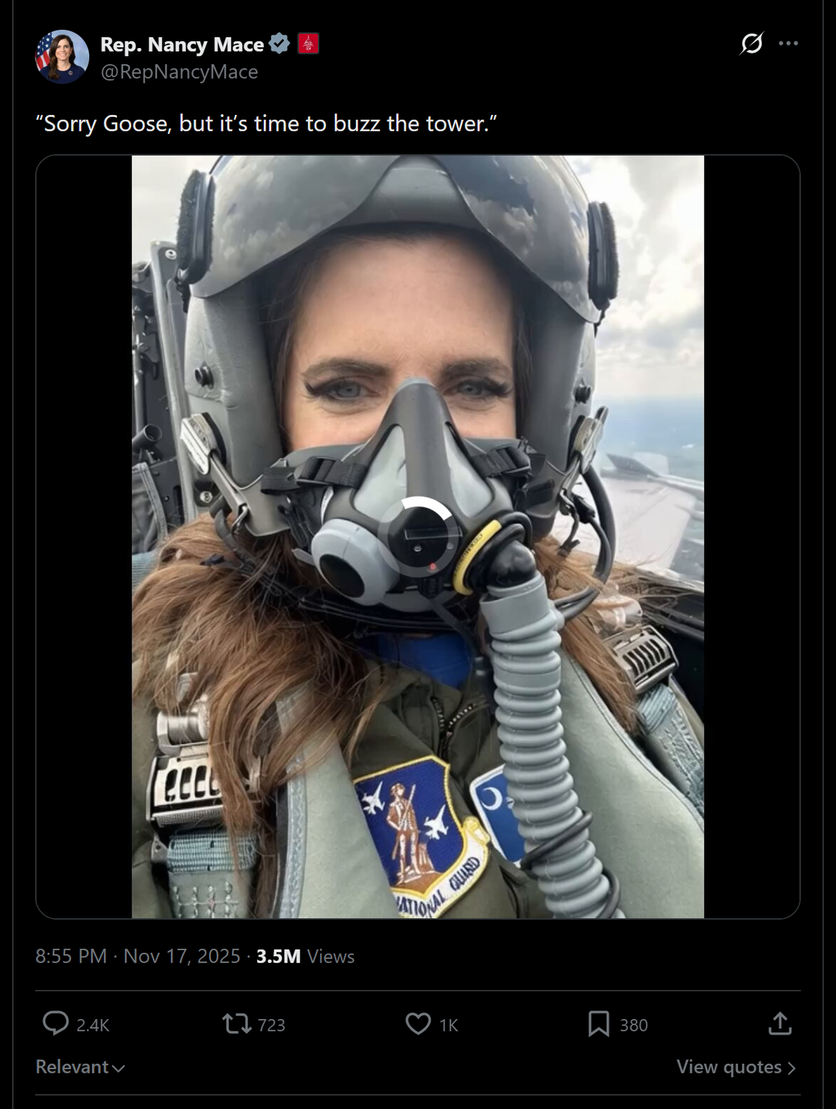 Screenshot of Nancy Mace's X post showing the AI video caption and fighter pilot thumbnail, Nov 17, 2025