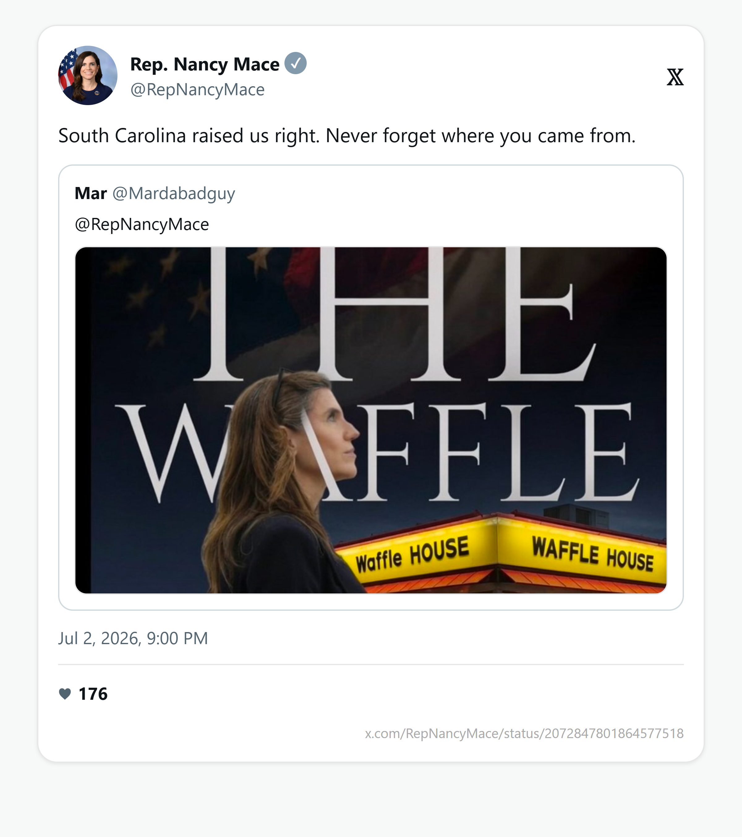 Rep. Nancy Mace's July 2, 2026 quote-post reading South Carolina raised us right, with Mar's Hold the Waffle post embedded.