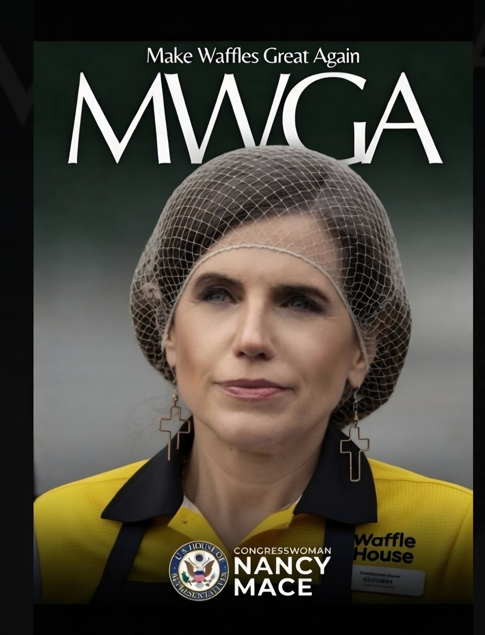 AI-generated congressional-style cover of Nancy Mace in a Waffle House uniform, hairnet, and cross earrings, with the slogan Make Waffles Great Again and MWGA above her and the U.S. House seal captioned CONGRESSWOMAN NANCY MACE