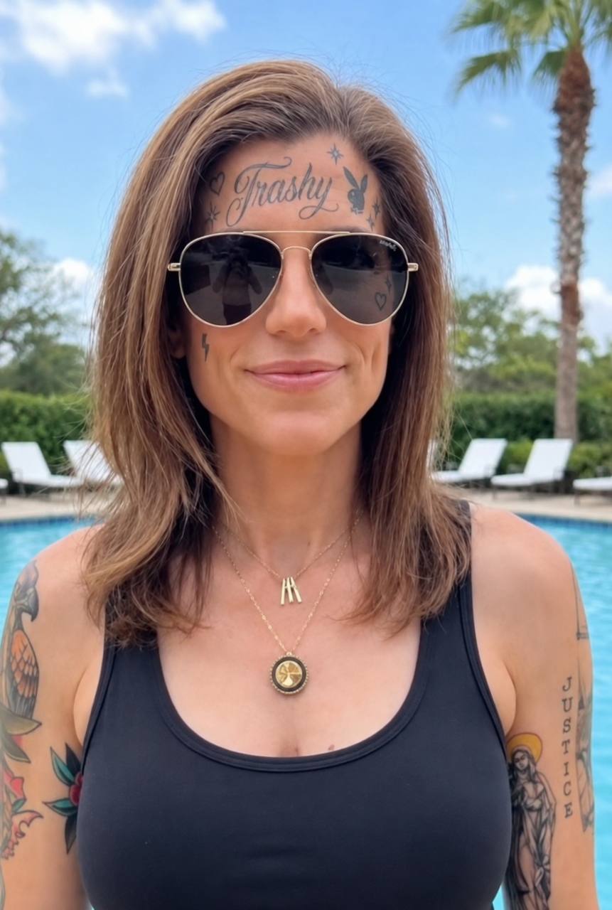 Digitally altered poolside photo of Nancy Mace in aviator sunglasses with fake tattoos added to her face, the word 'Trashy' across her forehead beside a Playboy bunny, small stars, a lightning bolt and hearts, and 'JUSTICE' lettered down her arm