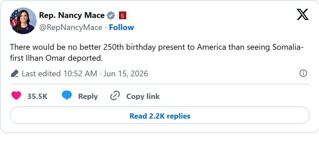 Screenshot of Nancy Mace's post on X, June 15, 2026