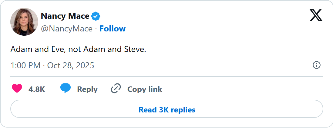 Screenshot of Nancy Mace's post on X, Oct. 28, 2025