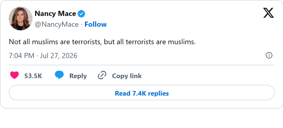 Screenshot of Nancy Mace's post on X, July 27, 2026