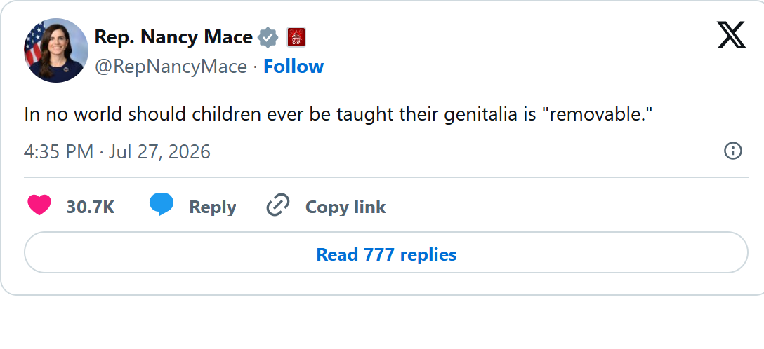 Screenshot of Nancy Mace's post on X, July 27, 2026