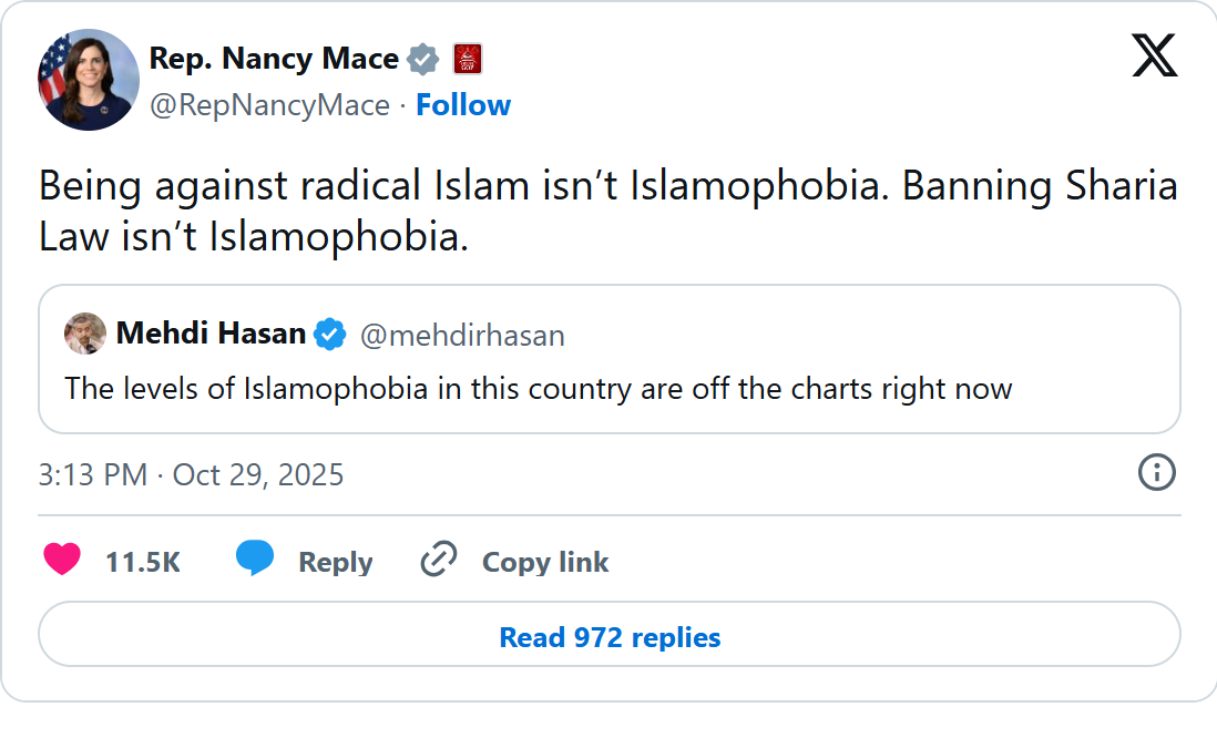 Screenshot of Nancy Mace's post on X, Oct. 29, 2025
