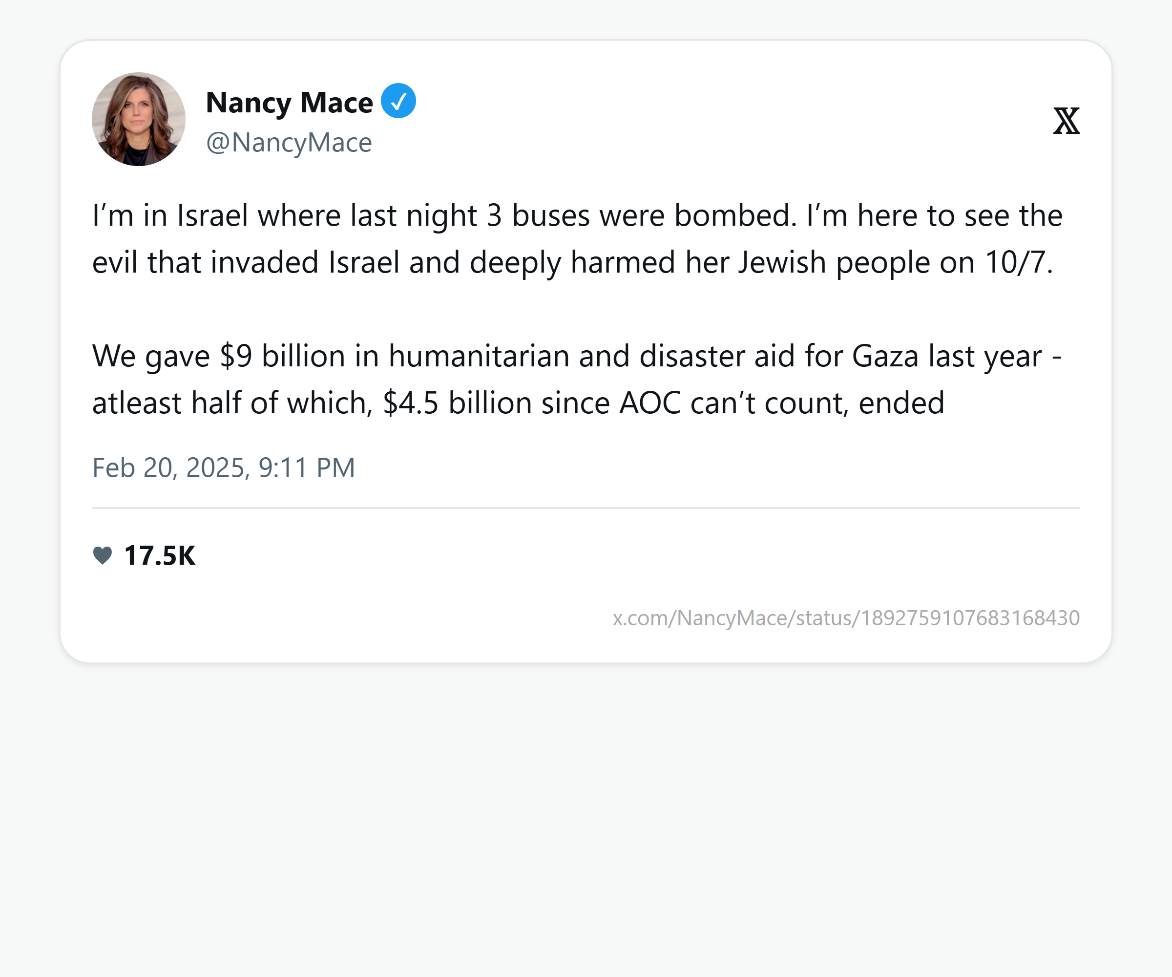 Nancy Mace post (@NancyMace), February 2025, from Israel during congressional trip
