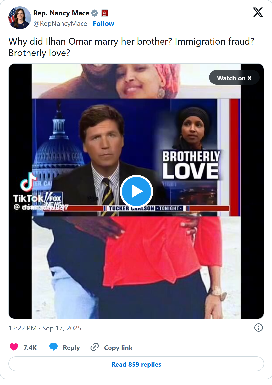 Screenshot of Nancy Mace's post on X, Sept. 17, 2025