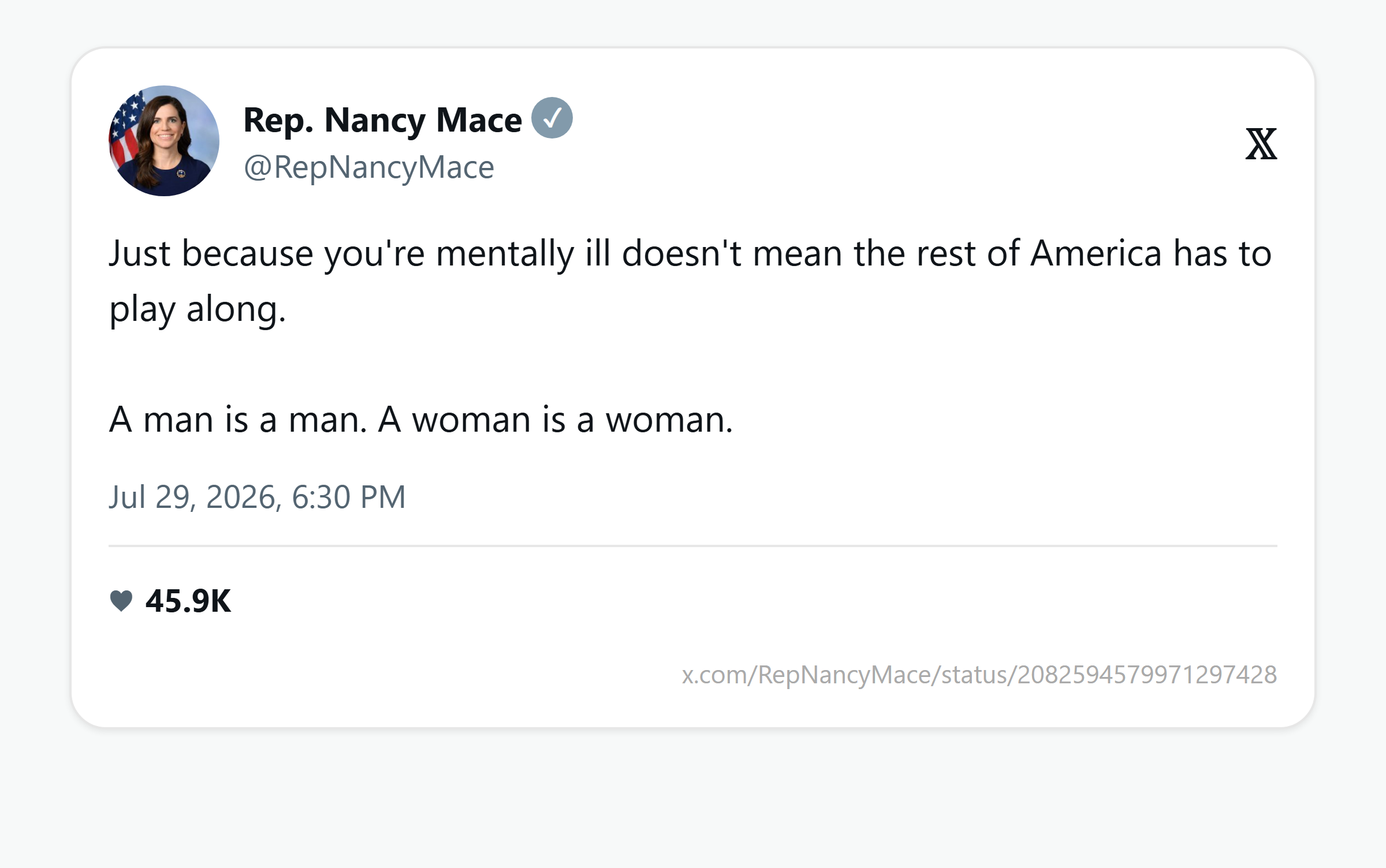 Screenshot of Nancy Mace's post on X, July 29, 2026