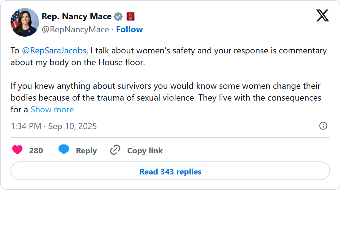 Screenshot of Nancy Mace's post on X, Sept. 10, 2025