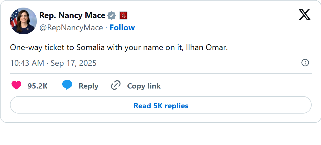 Screenshot of Nancy Mace's post on X, Sept. 17, 2025