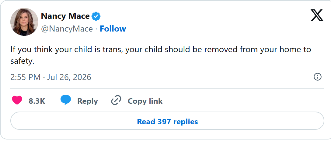 Screenshot of Nancy Mace's post on X, July 26, 2026