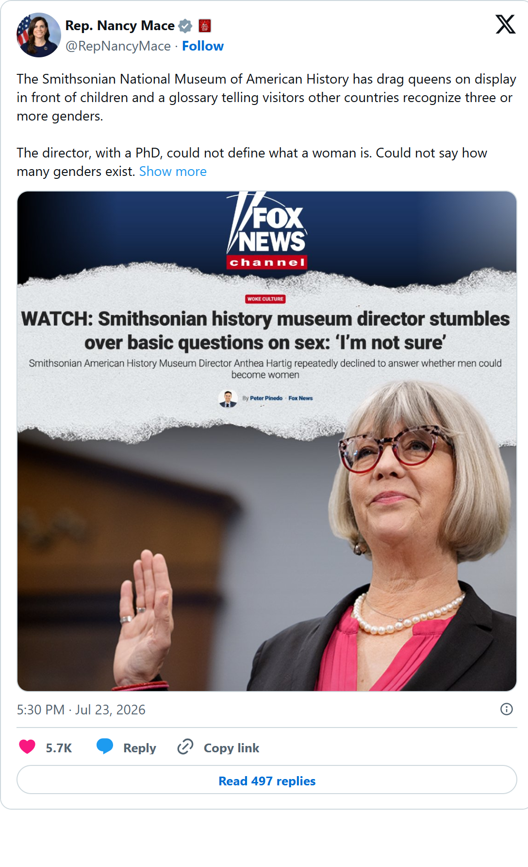 Screenshot of Nancy Mace's post on X, July 23, 2026