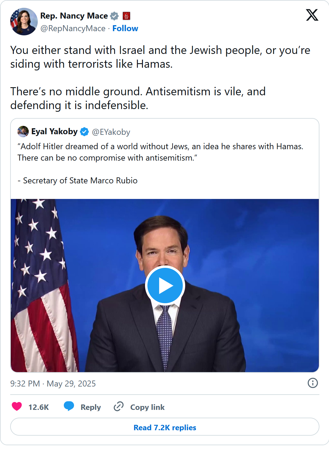 Screenshot of Nancy Mace's post on X, May 29, 2025