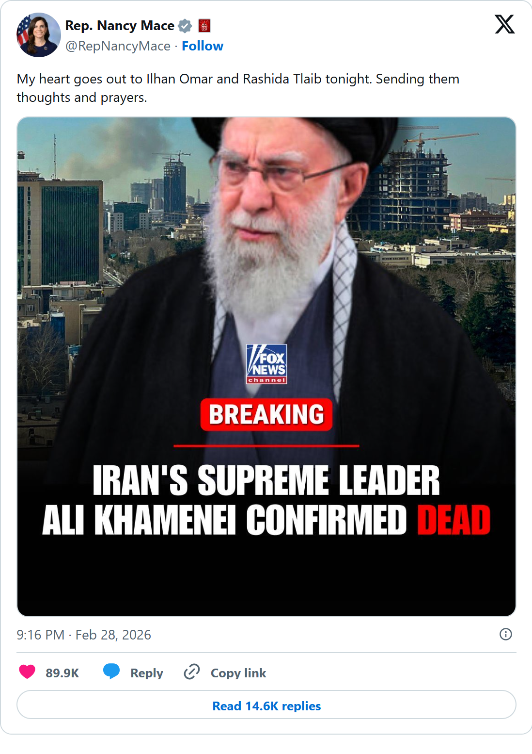 Screenshot of Nancy Mace's post on X, Feb. 28, 2026