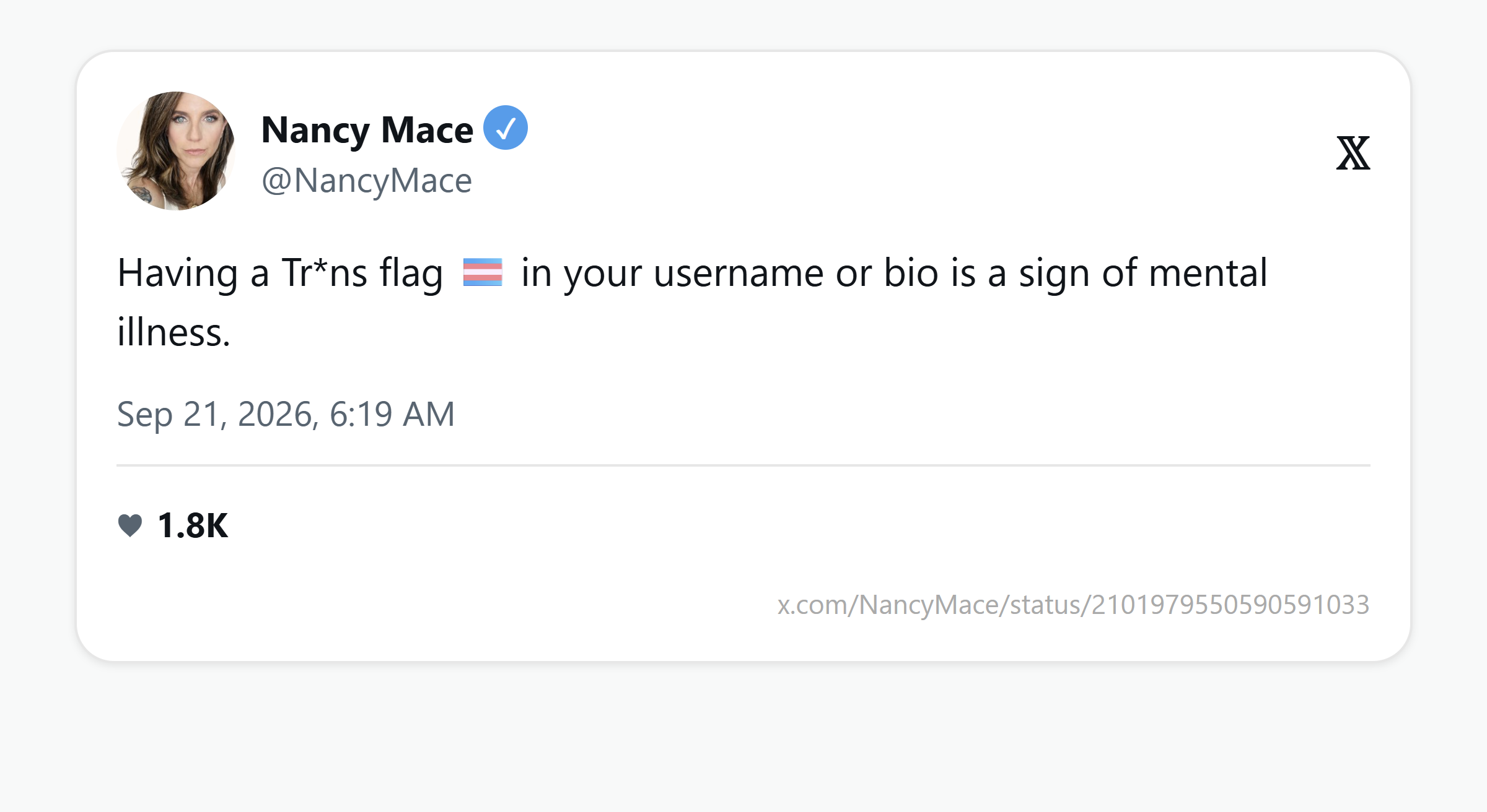 Screenshot of Nancy Mace's post on X, Sept. 21, 2026